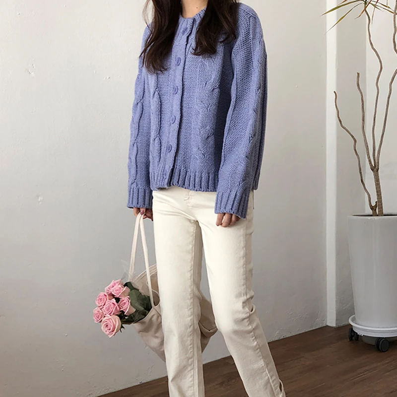 Women's Cardigan Sweater Long Sleeve Button Down Soft Knit thick Sweater Coats Purple