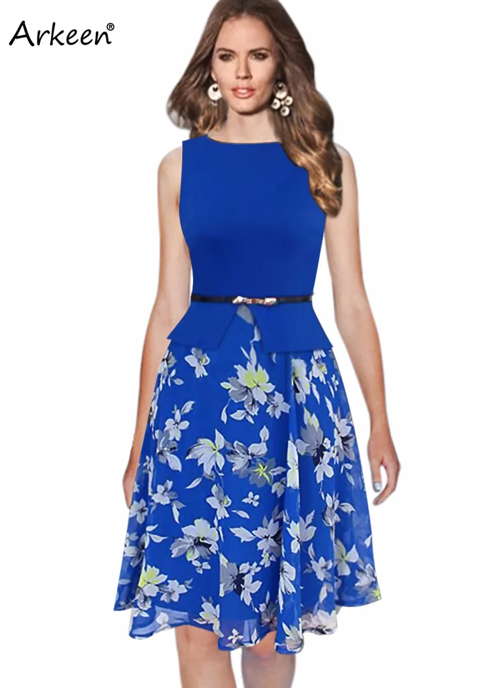 Fashion Sleeveless Fake Two 2 Piece Chiffon Floral Office Dress Women