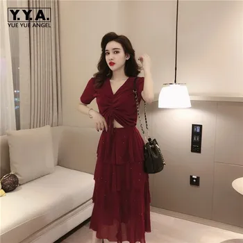 

Fashion New Womens Sequins Two Piece Sets Short Sleeve V-Neck Drawstring Cropped Top T-Shirts Elastic Waist Calf Length Dresses