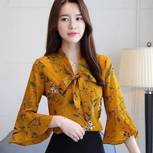 Women V Neck Bow Chiffon Blouses Tops Ladies Floral Print Blouse Femme Flare Long Sleeve Elegant Women OL Style Blouse Plus Size chiffon print flare sleeve blouse