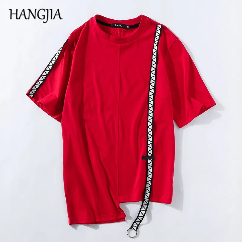 

Half Ribbon Sleeve Tshirt Mens Women Red/black/white Irregular Patchwork T-Shirt Summer Hip-hop Streetwear Men's Tshirts Tees