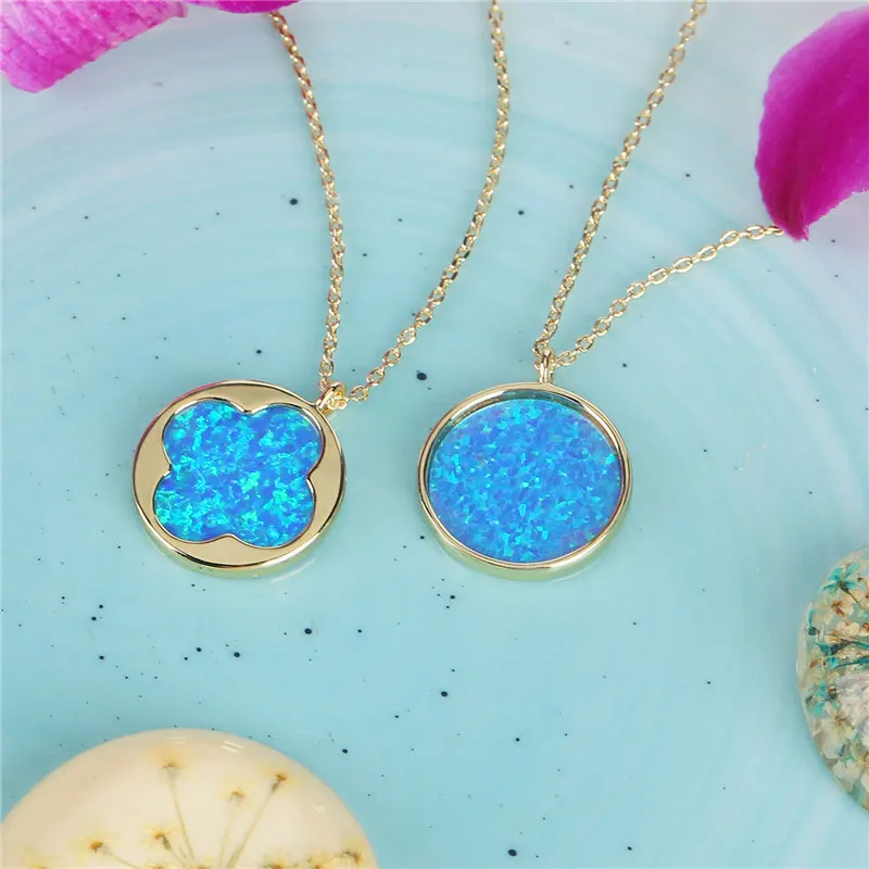 

Newest Design Blue Round Pendant Necklace for Women Four Leaf Clover Opal Necklace Handmade gilding chokers necklaces for women