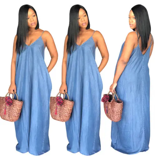 

Women Long Maxi Dress Loose Plus Size Fashion Backless Solid Color Denim Beach Holiday Casual Summer Slip Dresses Sundress