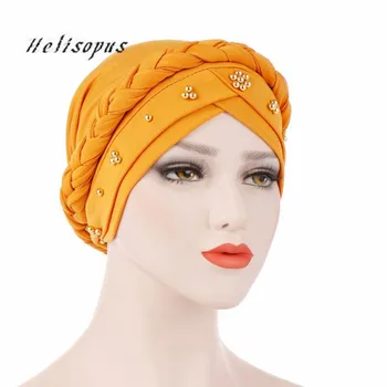 

Helisopus New Beaded Braid Turban for Women Muslim Cap Elastic Bandanas Hair Loss Hair Accessories Ladies Headscarf