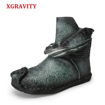 

XGRAVITY 2018 Cow Genuine Leather Women Ankle Short Boots Designer Flower Unique Woman Fashion Boots Lady Tassel Shoes A030-1