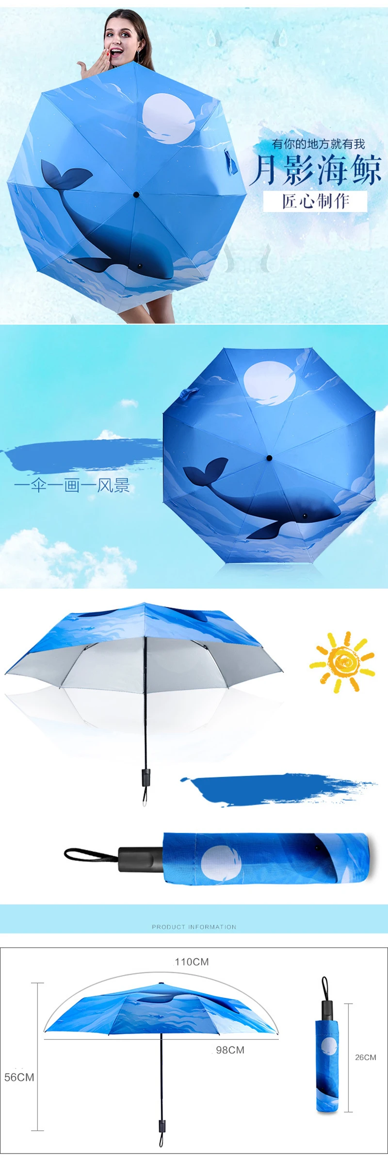 Rainbella Новое модное высококачественное дельфинов зонт в три сложения, Для женщин, 8 ребер ветрозащитный ультрафиолетовая Защита от солнца, дождя Зонтик