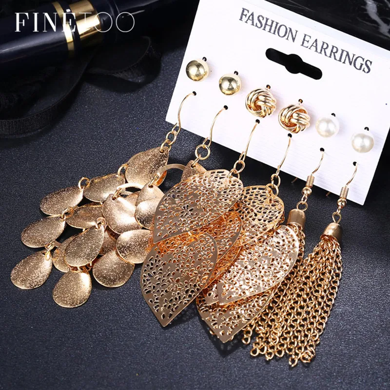 

Bohemian Gold Color Hollow Leaf Teardrop Tassel Earrings for Women Mixed Geometric Round Ball Pearl Stud Earrings Set