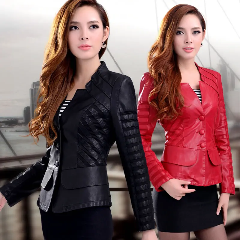 

M-XXXL 4XL 2015 Elegant Plus Size Jacket Women PU Jackets, Ladies Slim Zippers Motorcycle Coat Red/ Black/Green
