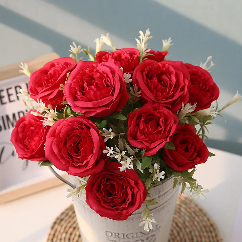 Flone High Quality Silk 12 Head Rose Bouquet Fake Flowers Artificial Flowers Tea Rose Wedding Living Room Decoration Accessories (11)