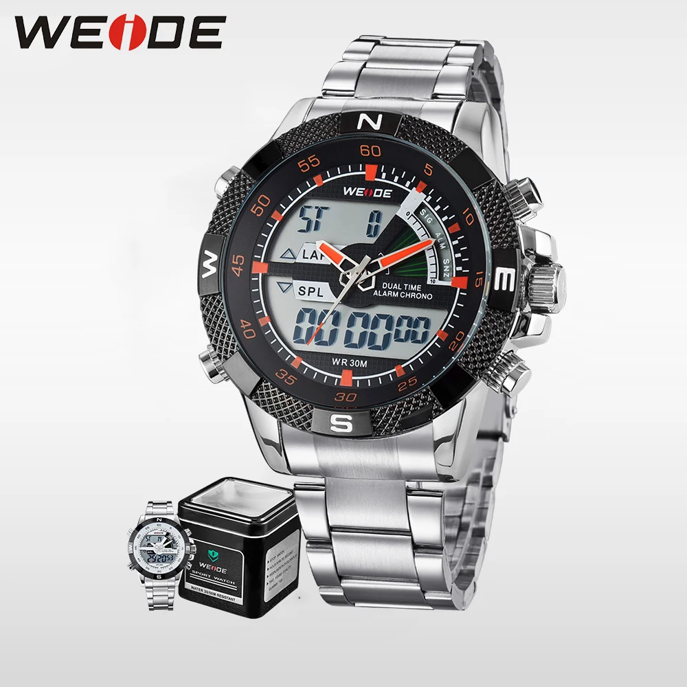 

WEIDE Luxury Brand Mens Sports Analog Digital Dual Display Water Resistant Back Light Stainless Steel Strap Metal wristwatch