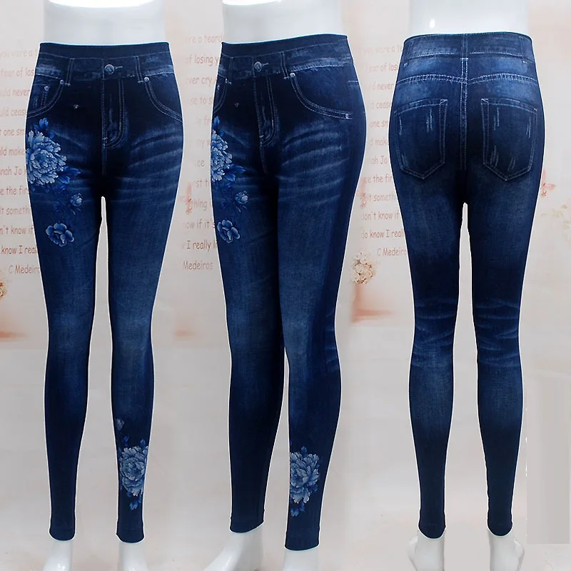 Fashion Slim Women Leggings Faux Denim Jeans Leggings Sexy Hole Heart Printing Casual Women Clothing Pencil Pants Plus size - Цвет: blue poeny