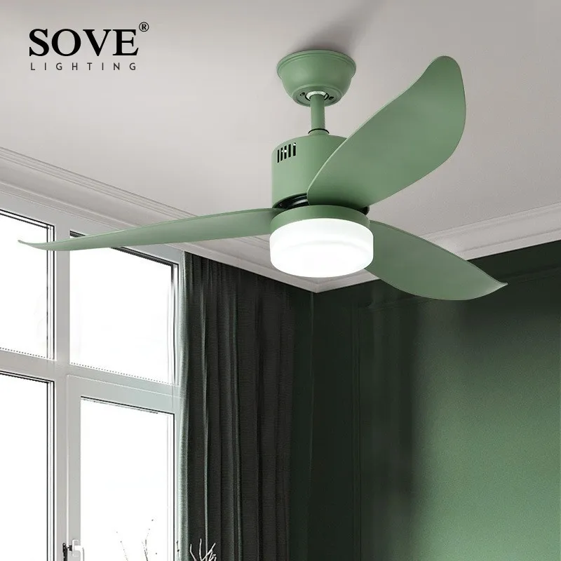SOVE Nordic Green Modern LED Ceiling Fans With Lights Remote Control