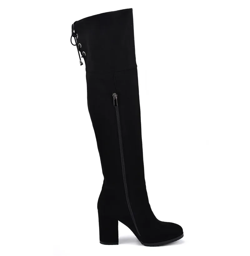 Odetina/Новые Модные женские ботфорты выше колена на квадратном каблуке пикантные высокие сапоги на тонком каблуке, с боковой молнией, с круглым носком, зимняя теплая плюшевая обувь