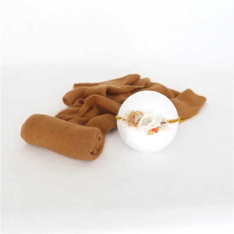 

Brown Baby Knit Stretch Wrap Flower Headband Set Props Handmade Floral Tieback Baby Swaddle Sack Newborn Shoot Photography Props