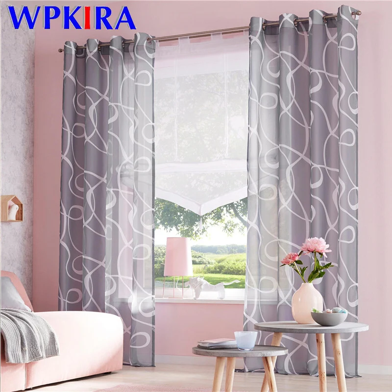 

New Arrival Voile Curtain Grey Beach Printed Geometric Window Valance Kitchen Short Curtains For Living Room Blind Cafe Q005D3