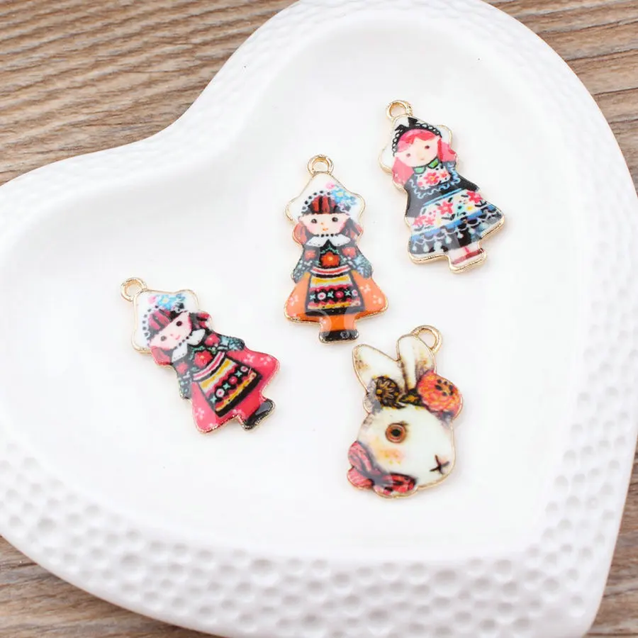 

20PCS Colorful Alice Girl Rabbit Aniaml Enamel Charms DIY Jewelry Findings Gold Tone Alloy Drop Oil Necklace Pendants