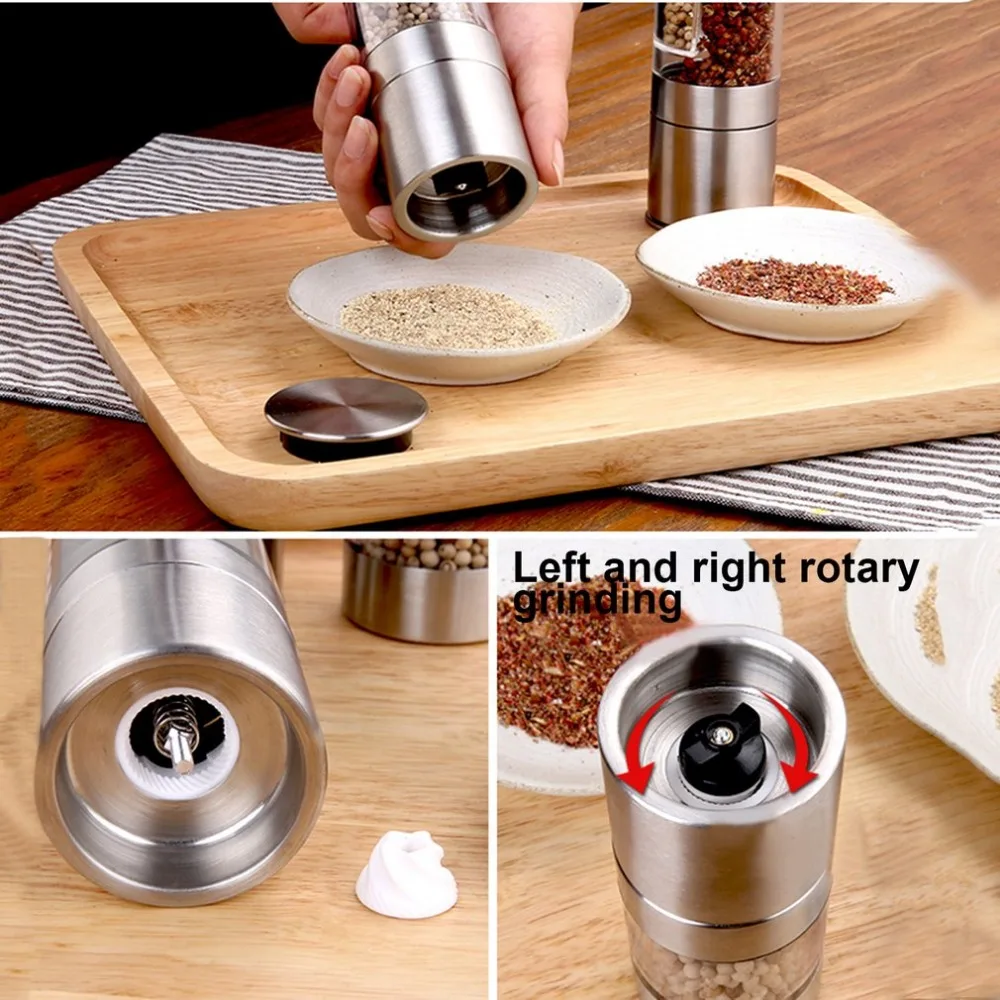 New 2 In 1 Stainless Steel Manual Pepper Salt Spice Mill Grinder Seasoning Kitchen Tools Grinding for Cooking Restaurants