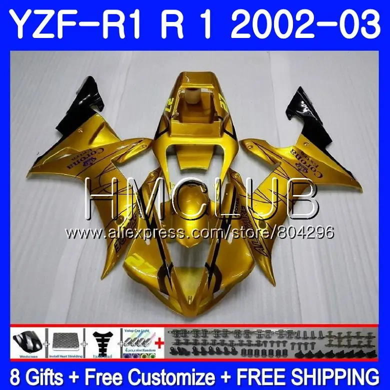 

Body For YAMAHA YZF-1000 YZF R 1 YZF 1000 YZFR1 02 03 109HM16 YZF1000 YZF R1 2002 2003 YZF-R1 03 02 Fairings Frame Golden CORONA