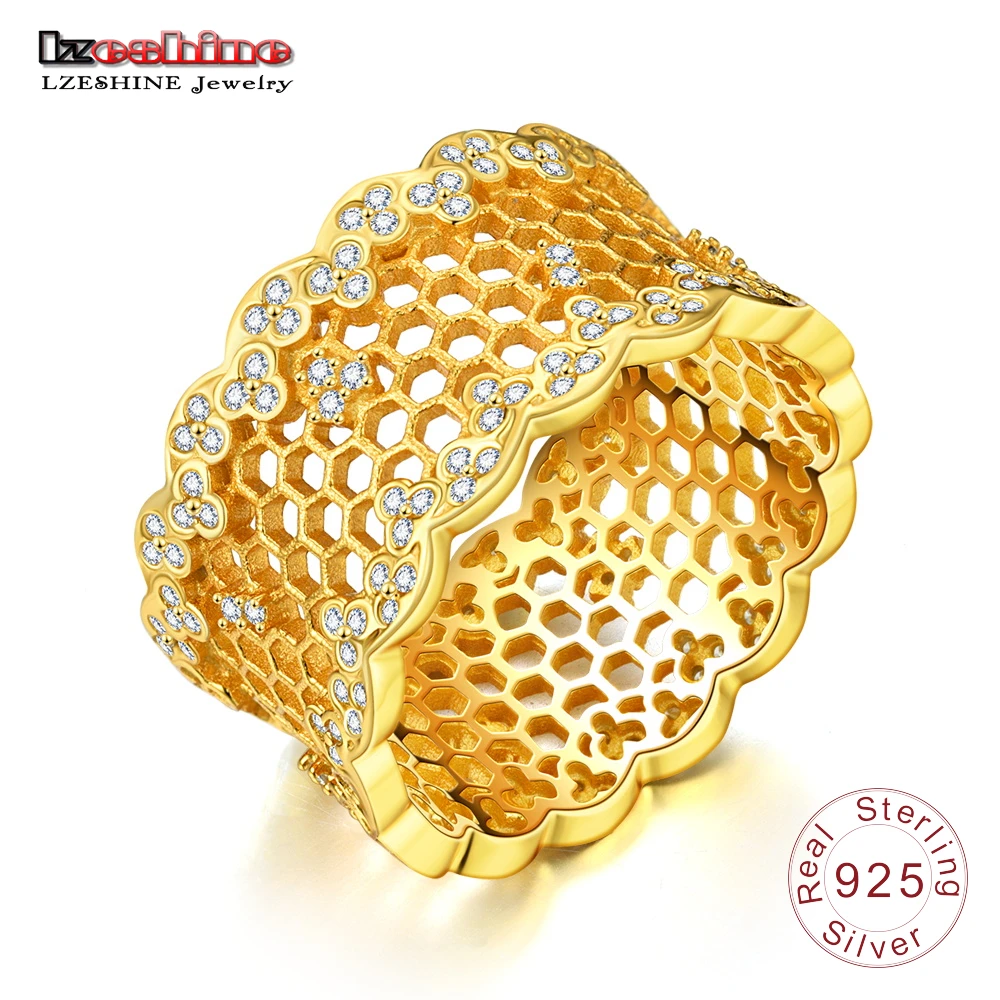 

LZESHINE Shine Honeycomb Lace 925 Silver Ring Gold Color Mesh Sterling Silver Rings Brand Hyperbole Party Jewelery for Girls
