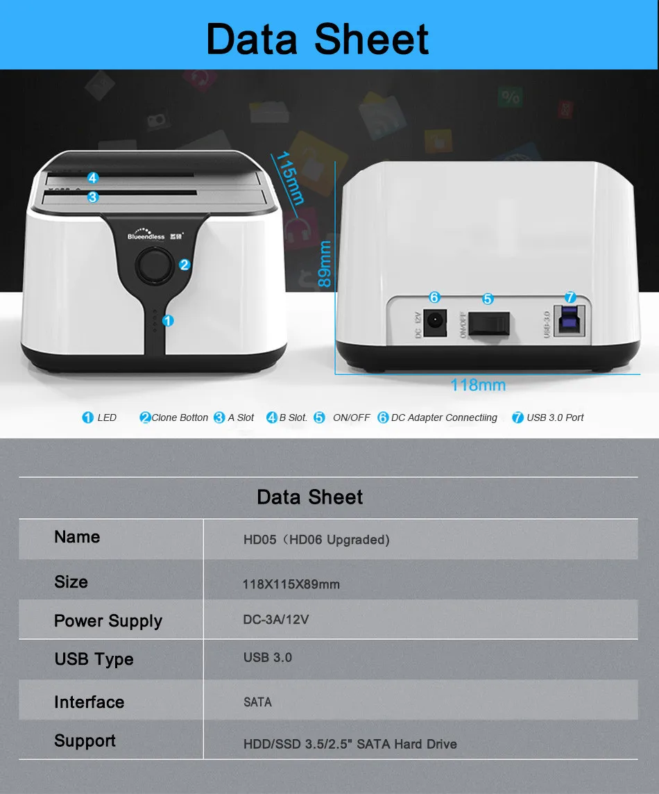 HD05 модернизированы! 2 отсека 2,5/3.5USB 3,0 на SATA HDD SSD док-станция двойной отсек док-станция с функцией клон разъем 12 ТБ чтение