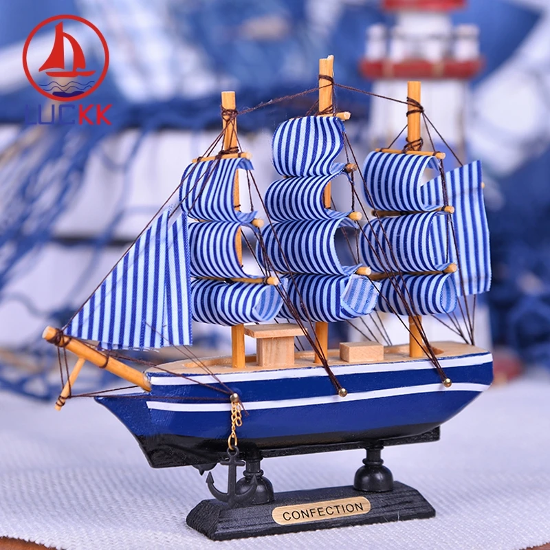 

LUCKK 16CM DIY Wooden Model Ships Blue Canvas Nordic Home Interior Decoration Wood For Crafts Creative Toys Gift Free Shipping