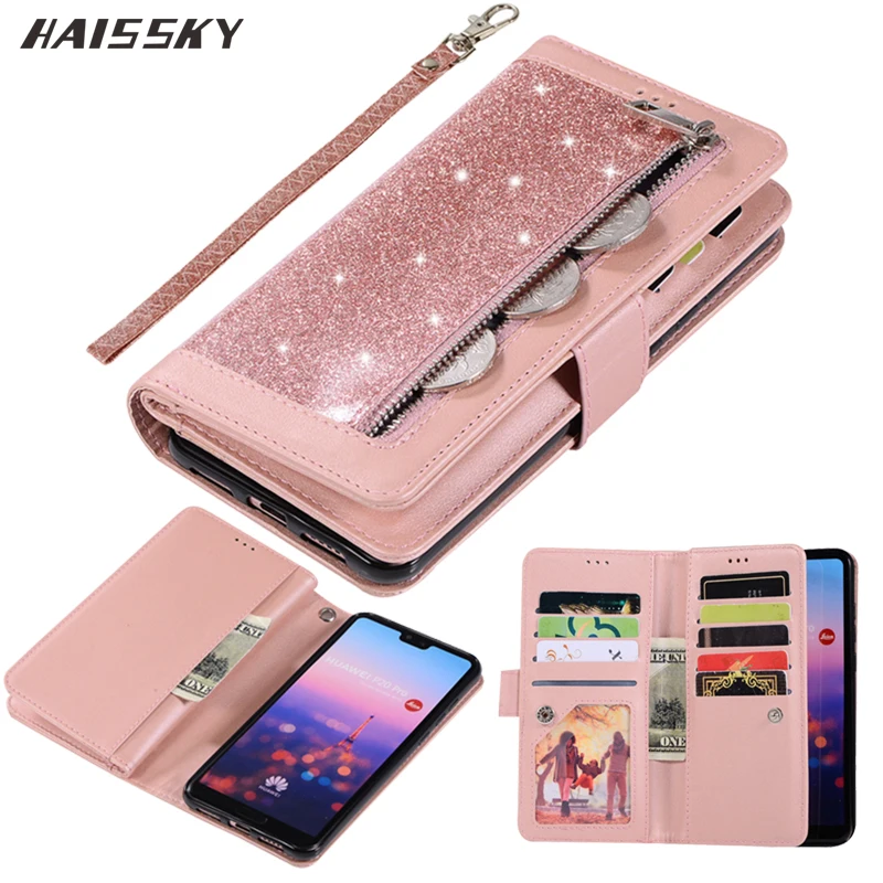 Чехол для Huawei P40 P30 Pro P20 lite откидной блестящий чехол кошелек на молнии телефона Mate