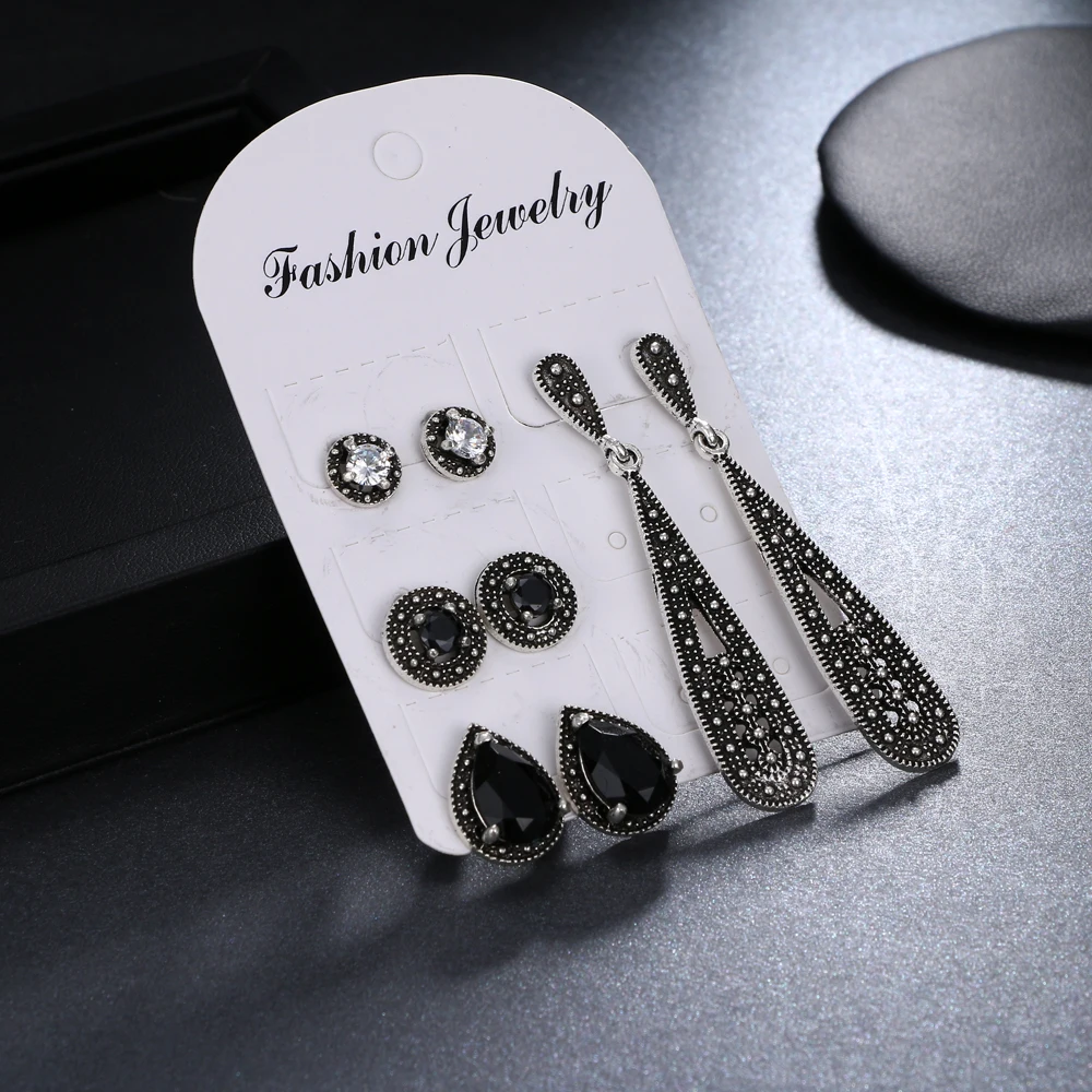 

FNIO Vintage water drop crystal earrings Set for woman stone silver antique Color geometric earring female fashion jewelry new