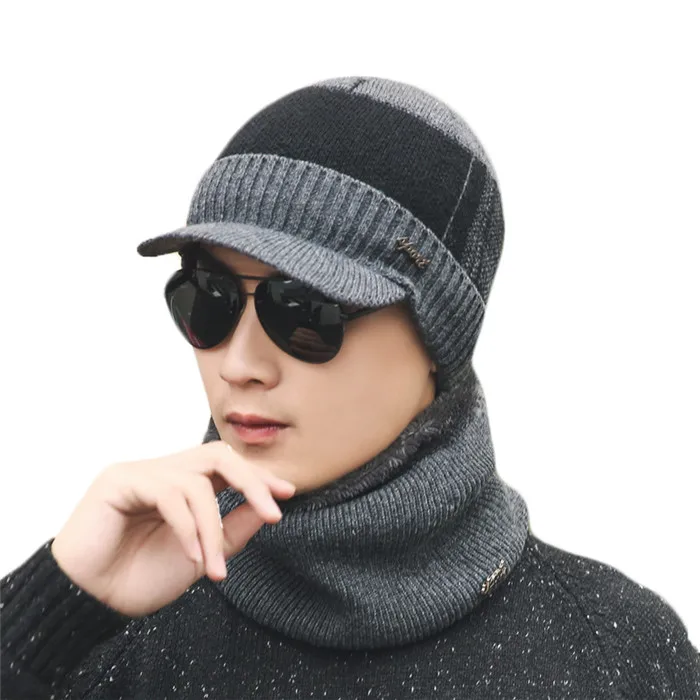 Теплый комплект из 2 предметов зимний плюс бархатные шапки шарф для женщин мужчин толстый хлопок зимние аксессуары набор женский мужской шапочка шарф наборы - Цвет: Gray