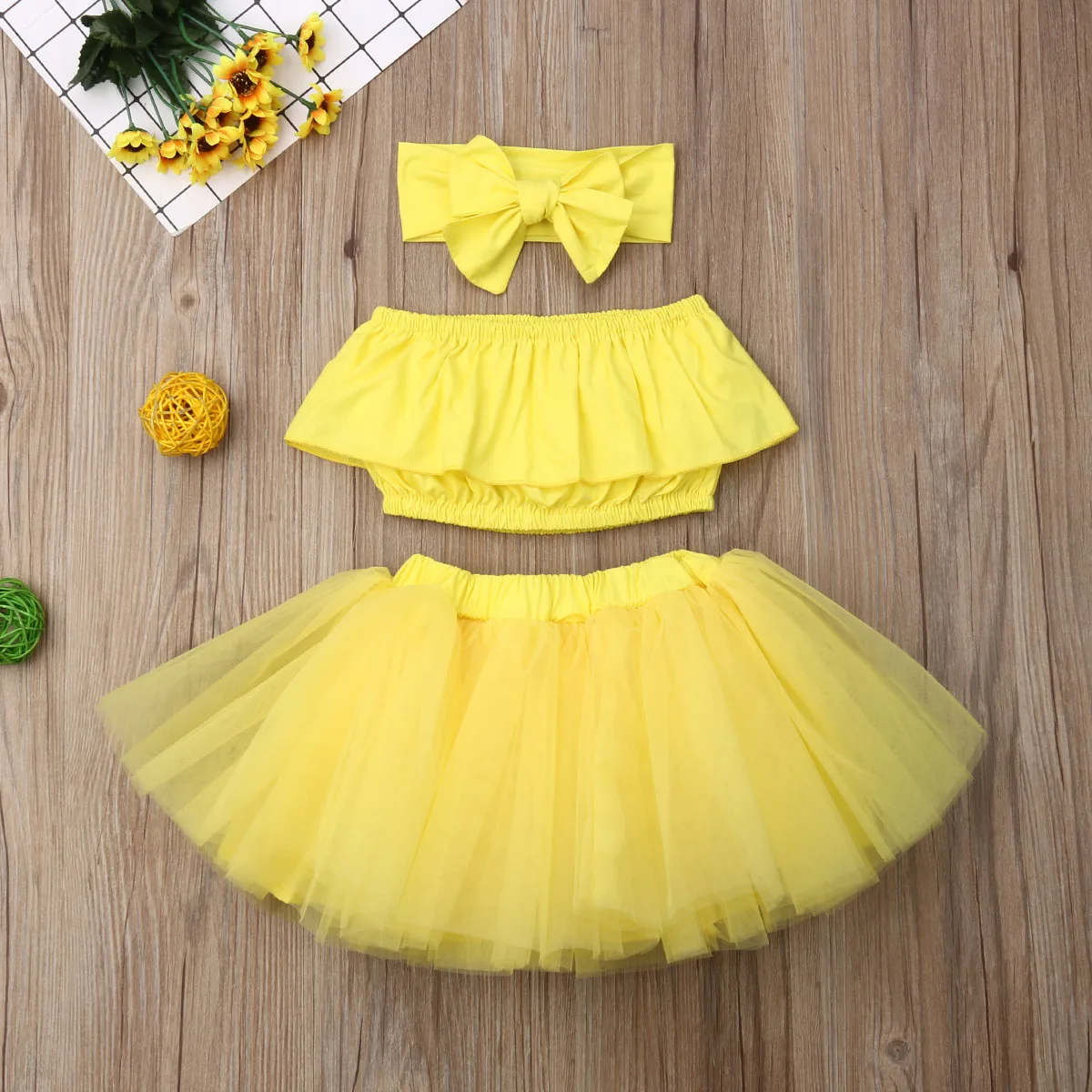 Комплекты одежды для маленьких девочек из 3 предметов желтый жилет без рукавов Топ+ юбка-пачка+ повязка на голову