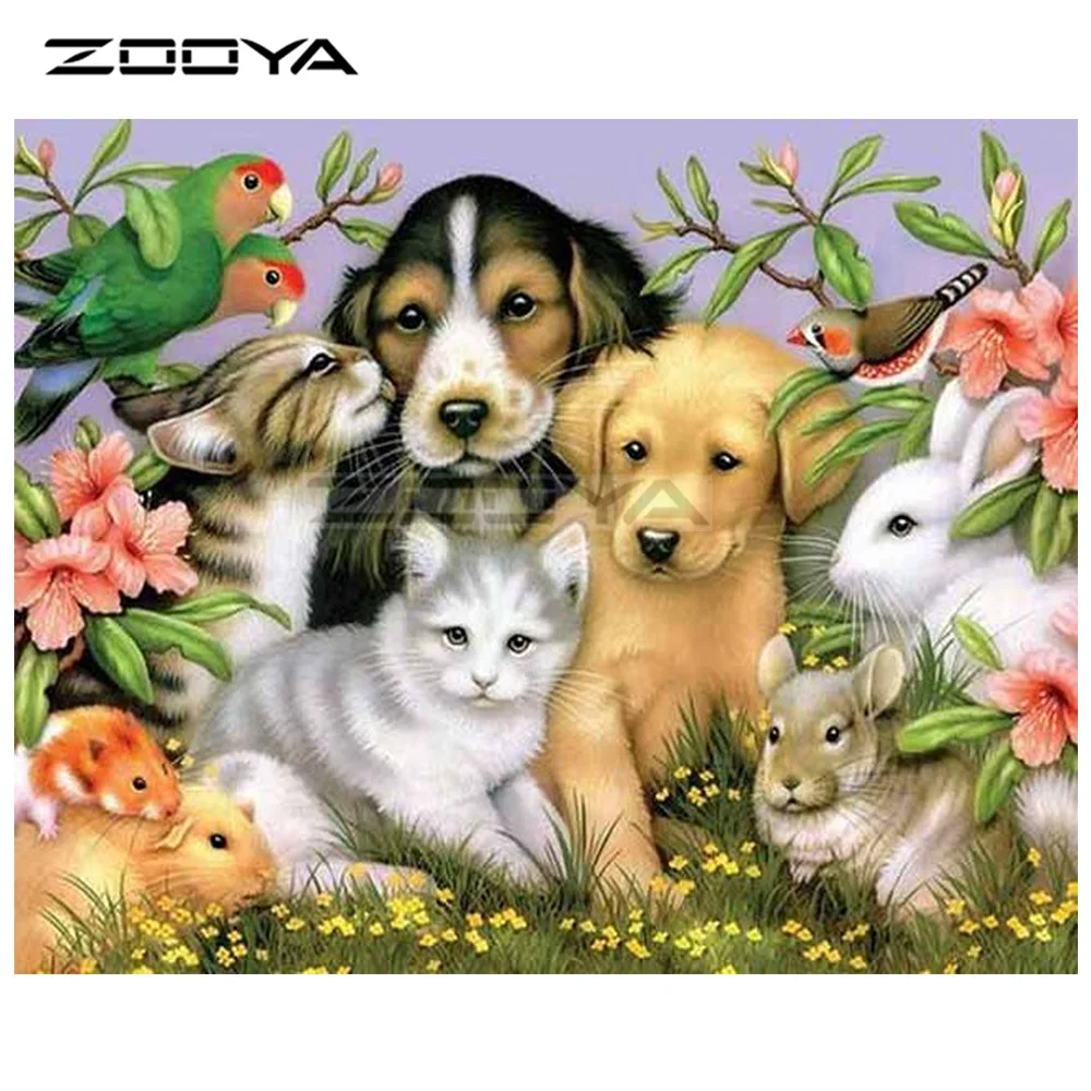 

ZOOYA DIY Diamond Embroidery Cats Dogs Birds Family Animal Flower Diamond Painting Cross Stitch Square Mosaic Decoration BK598