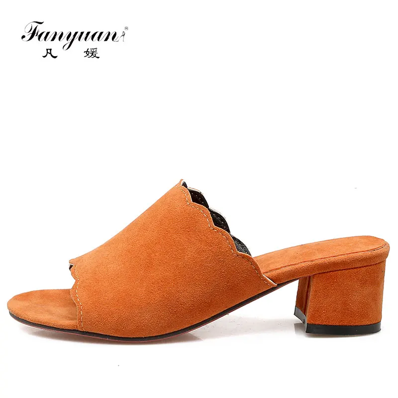 

2018 Fanyuan Summer Mules Slipper Brief Design Med High Heels Square Heels Flock Women Shoes Solid Sandals Peep-toe Comfort