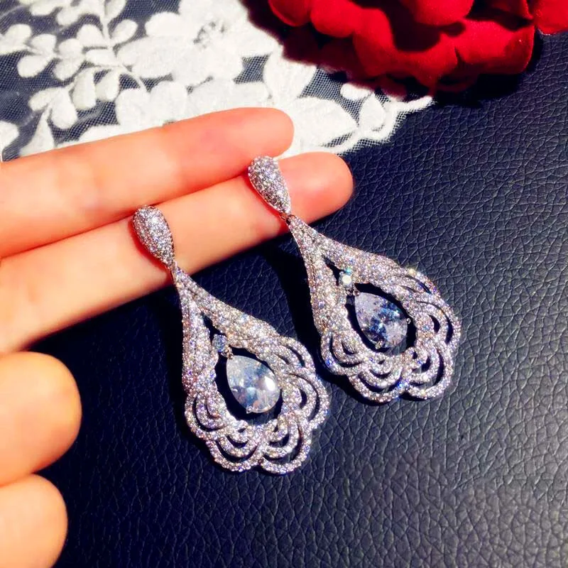 

Luxury Female Big Crystal Stud Earrings Unique Style 925 Silver Wedding Bridal Earrings Boho Double Zircon Earrings For Women