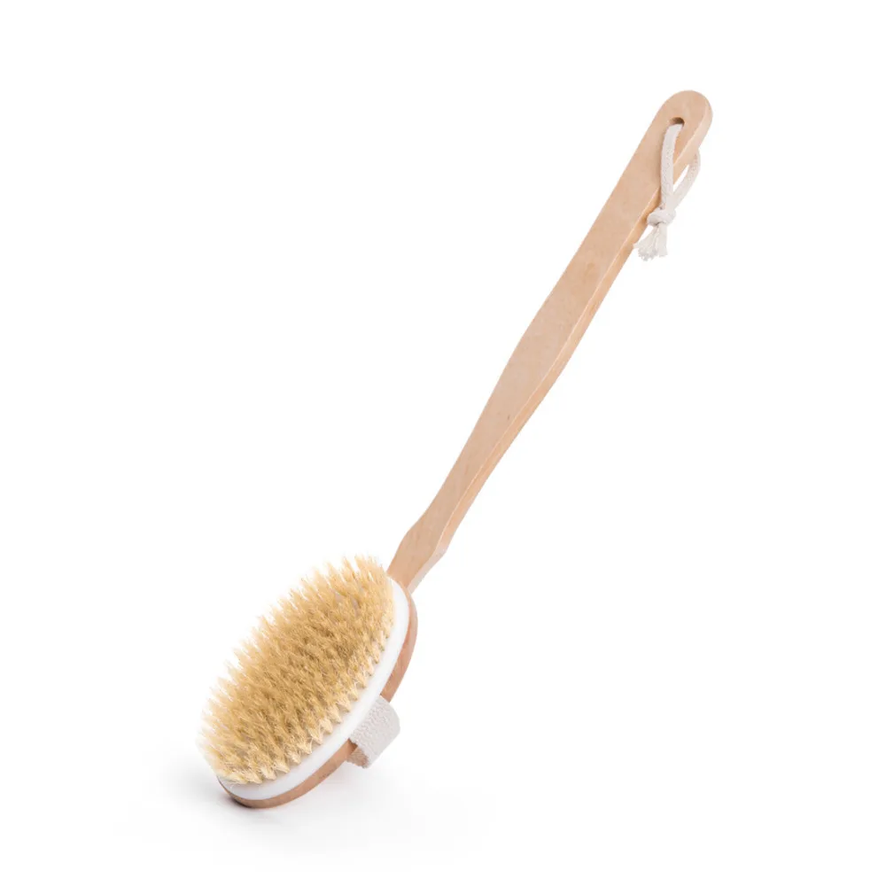 ANHO Wooden Long Handle Brush Natural Bristle Body Massager Removable Brush Skin Cleaning Health