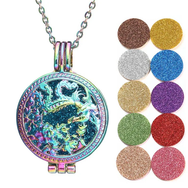 

2019 NEW Colorful Vintage Silver Phoenix Round Necklace Aromatherapy Box Essential Oil Diffuser Perfume Lockets Pendant Necklace