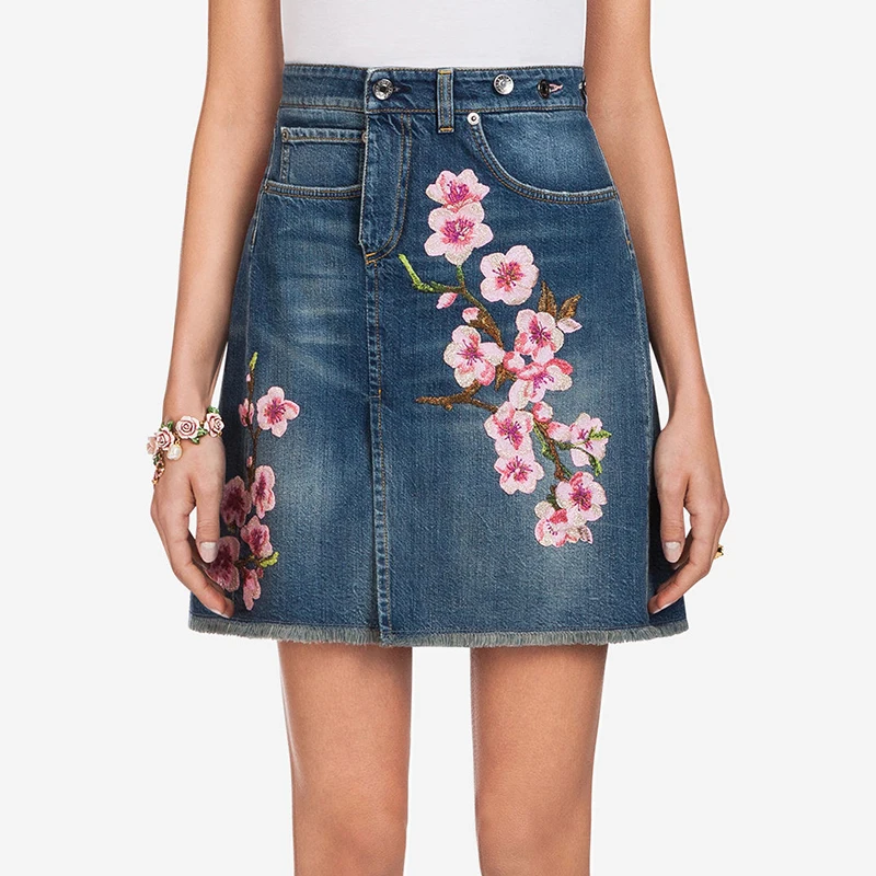 Summer Vintage Blue Short Skirt Denim Women 2019 Designer Floral