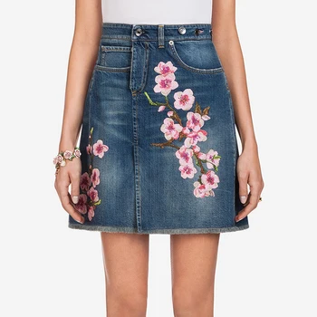 

Summer Vintage Blue Short Skirt Denim Women 2019 Designer Floral Embroidery Lady Party High Waist Jeans Skirt A Line Vestidos