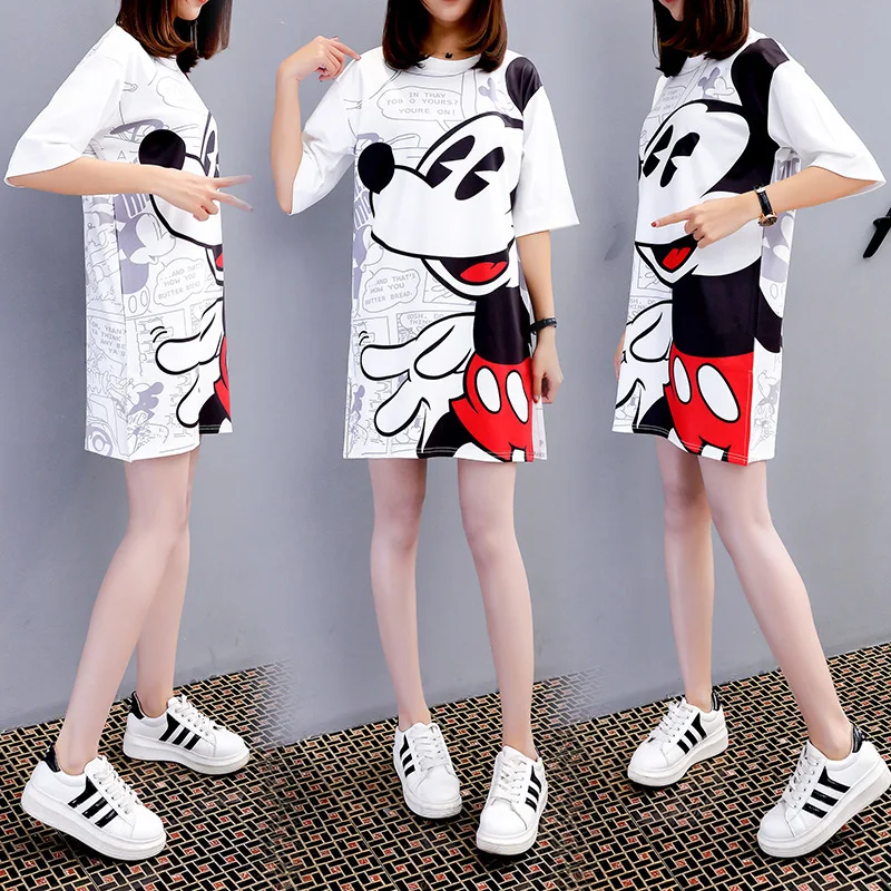 

Minnie Mouse Clothing Women's Cartoon Print Large Size T-Shirt Skirt Summer New Short Sleeve Fashion Long T-Shirt