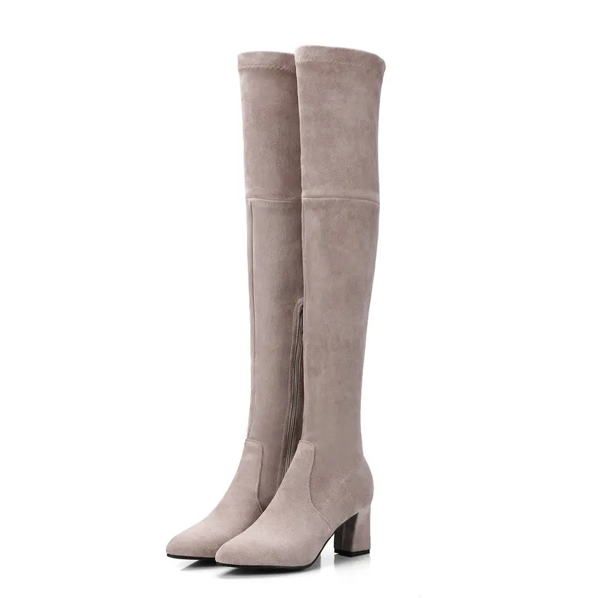 TASSLYNN/ г. женские эластичные сапоги обувь на квадратном каблуке женские ботфорты короткие плюшевые теплые зимние женские сапоги размер 43 - Цвет: Серый