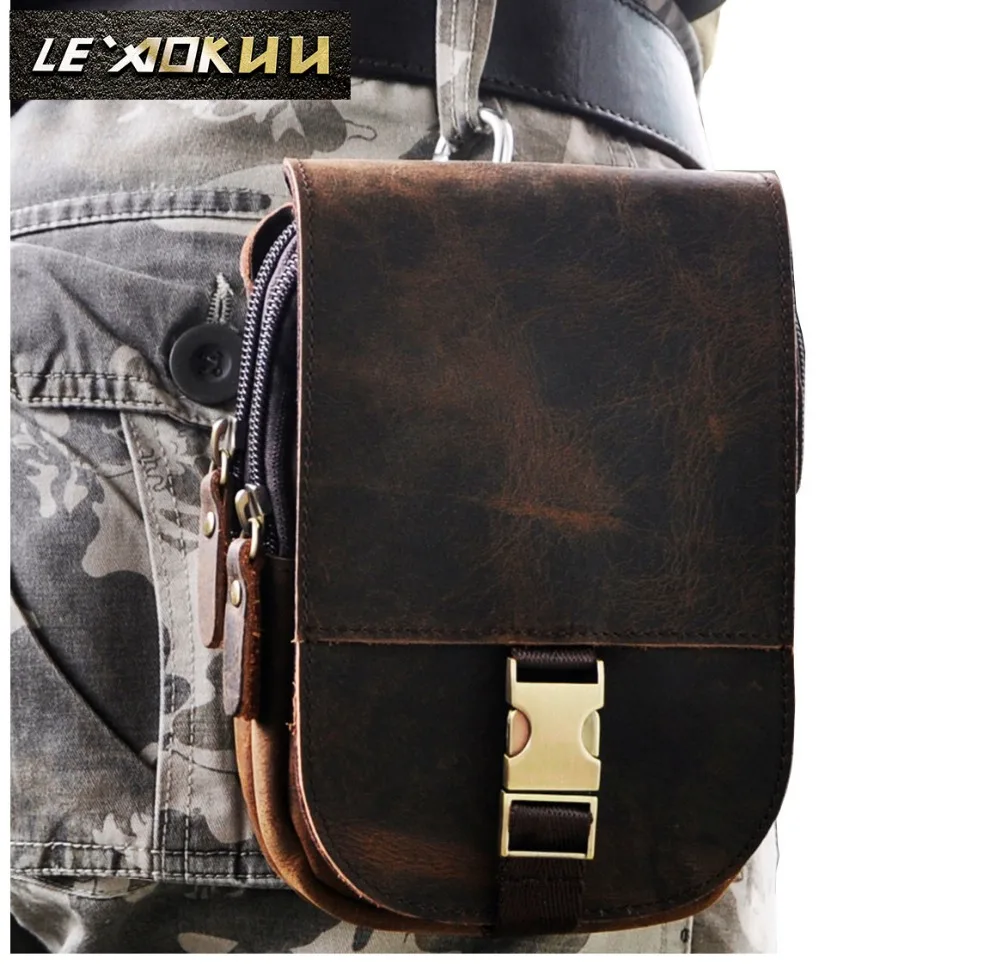 

New Top Quality Genuine Real Leather Cowhide men vintage Brown Small Sport Outdoor Drop Belt Bag Waist Pack 5" Phone Case 6185