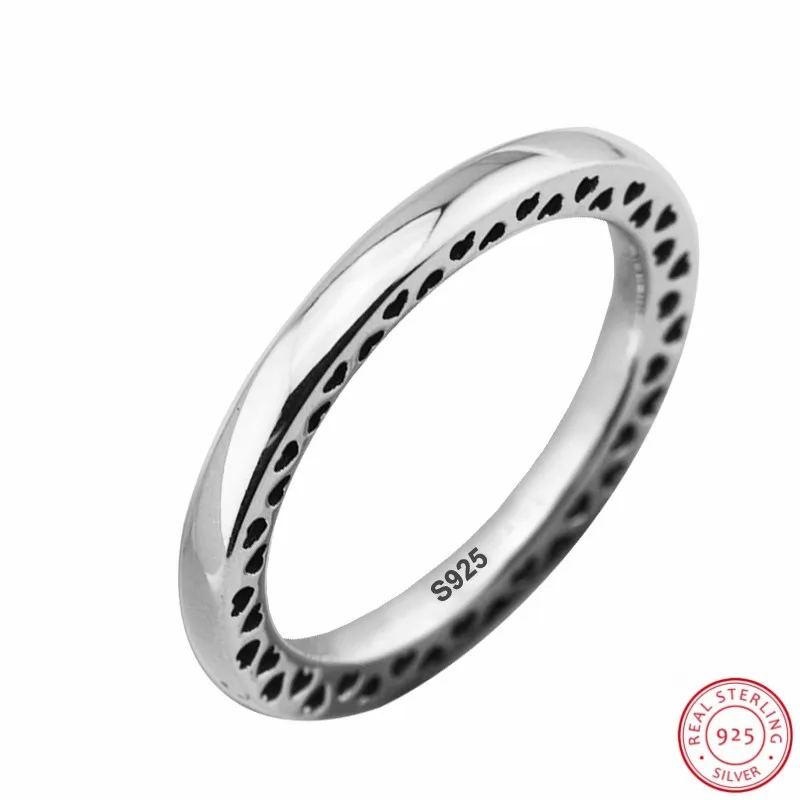 

Sleek Hand-finished 925 Sterling Silver Edged with Tiny Classic Cut-out Hearts of LOGO Rings for Women Fine Jewelry FLR135