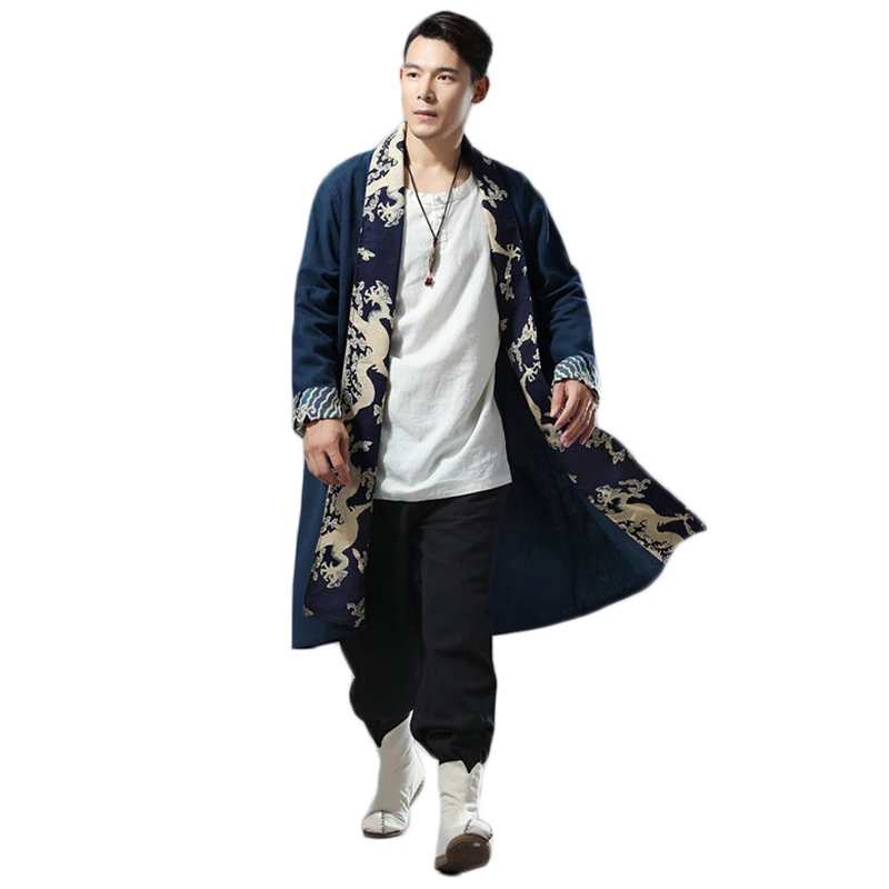 

Spring Autumn Mens Trench Coat Hit Color Dragon Casual Capes Flax Cardigan Windbreaker Long Coat Tranchee Manteau Hommes