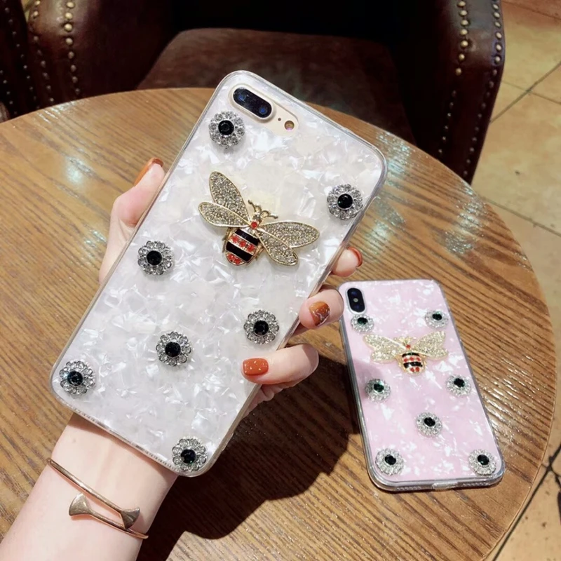 Aoweziic Luxury Marble Rhinestones Bee Case For iPhoneX 7 6 6S 8 Plus XS MAX XR glitter Sea shell Diamond Conch TPU Cover Back