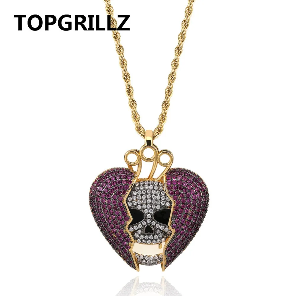 

TOPGRILLZ Solid Heart Skull Pendant Necklace Iced Out Hip Hop/Punk Gold Color Chains For Men CZ Personalized Charms Jewelry Gift