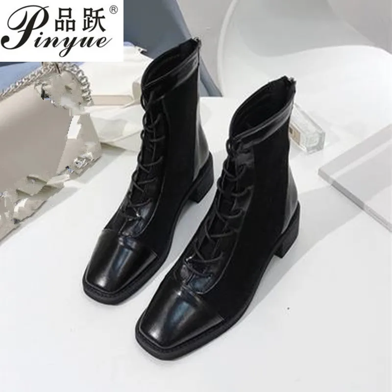 

japanned leather square toe ankle boots women thick heel sock boots short designer autumn winter botas mujer chelsea boots