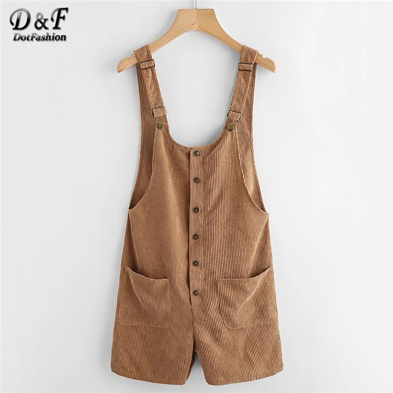 

Dotfashion Button Up Patch Pocket Detail Cord Overalls For Woman Strap Mid Waist Pants 2018 Sleeveless Summer Plain Playsuits