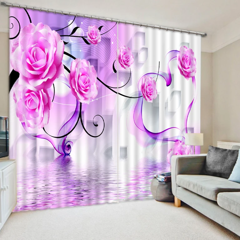 

Various colors decorative roses print personalized 3d black silk blackout curtains finished