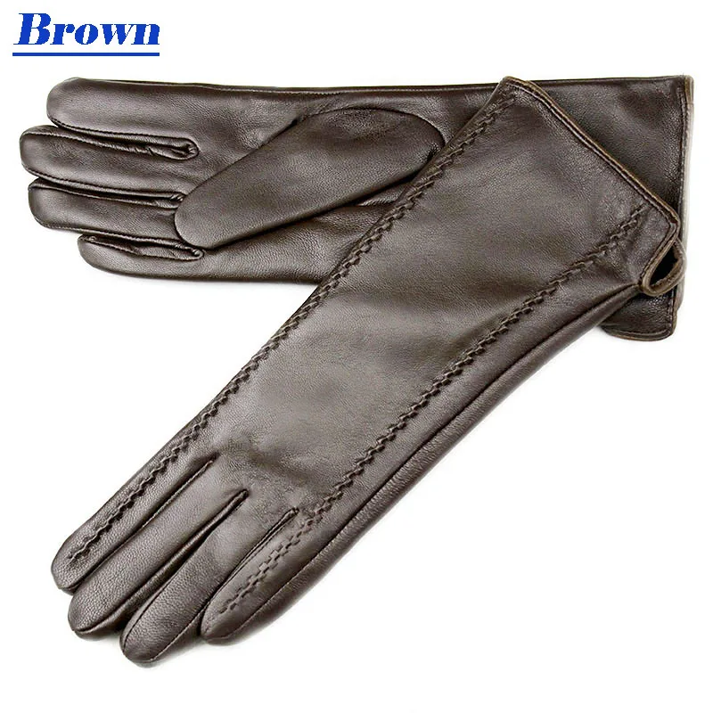 Leather gloves women's sheepskin gloves long stripe style plus velvet warm autumn and winter windproof gloves free shipping