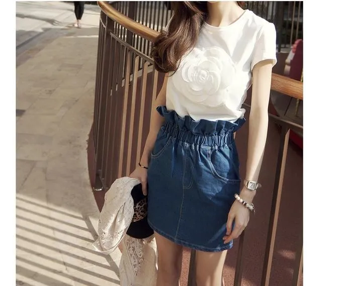 women summer 3d camellia embroidery luxury  T-shirt ladies fashion tops slim casual tee shirts vetement femal