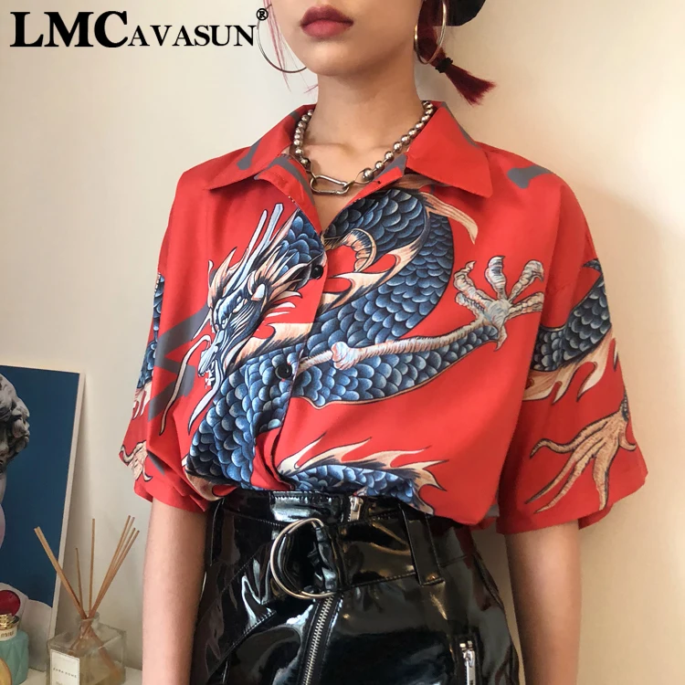

LMCAVASUN 2019 Summer Flying dragon Printing Short sleeve women tops shirt women blusas feminina Ladies Blouses