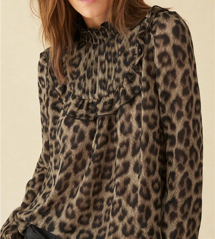 

Women Shirt Ruffled Leopard Print Stand Collar Loose Shirt